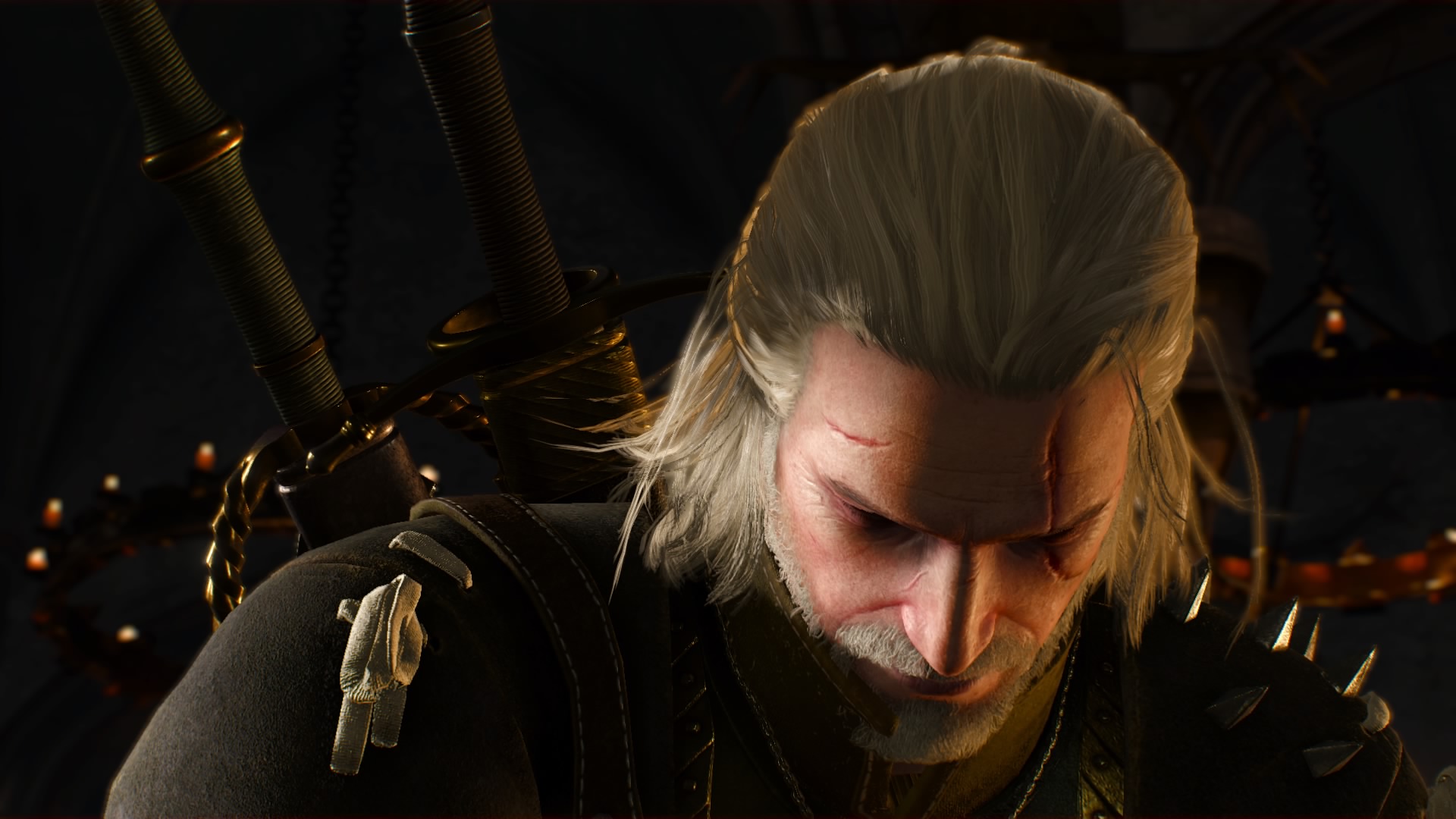 A close up of Geralt as he looks down. From The Witcher 3 video game.