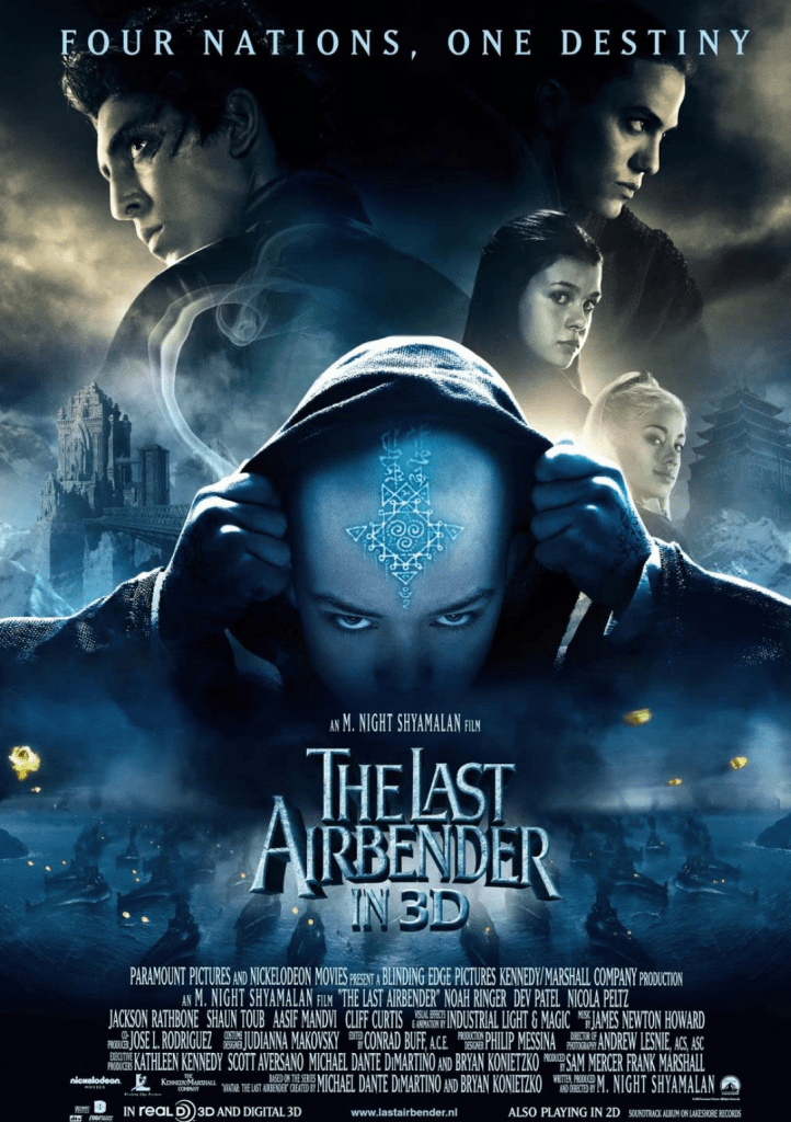 Promotional poster for the Last Airbender in 3D featuring Aang removing his hood and revealing his glowing tattoo in the foreground; Zuko, Sokka, Katara, and Princess Yueh are featured in the background.